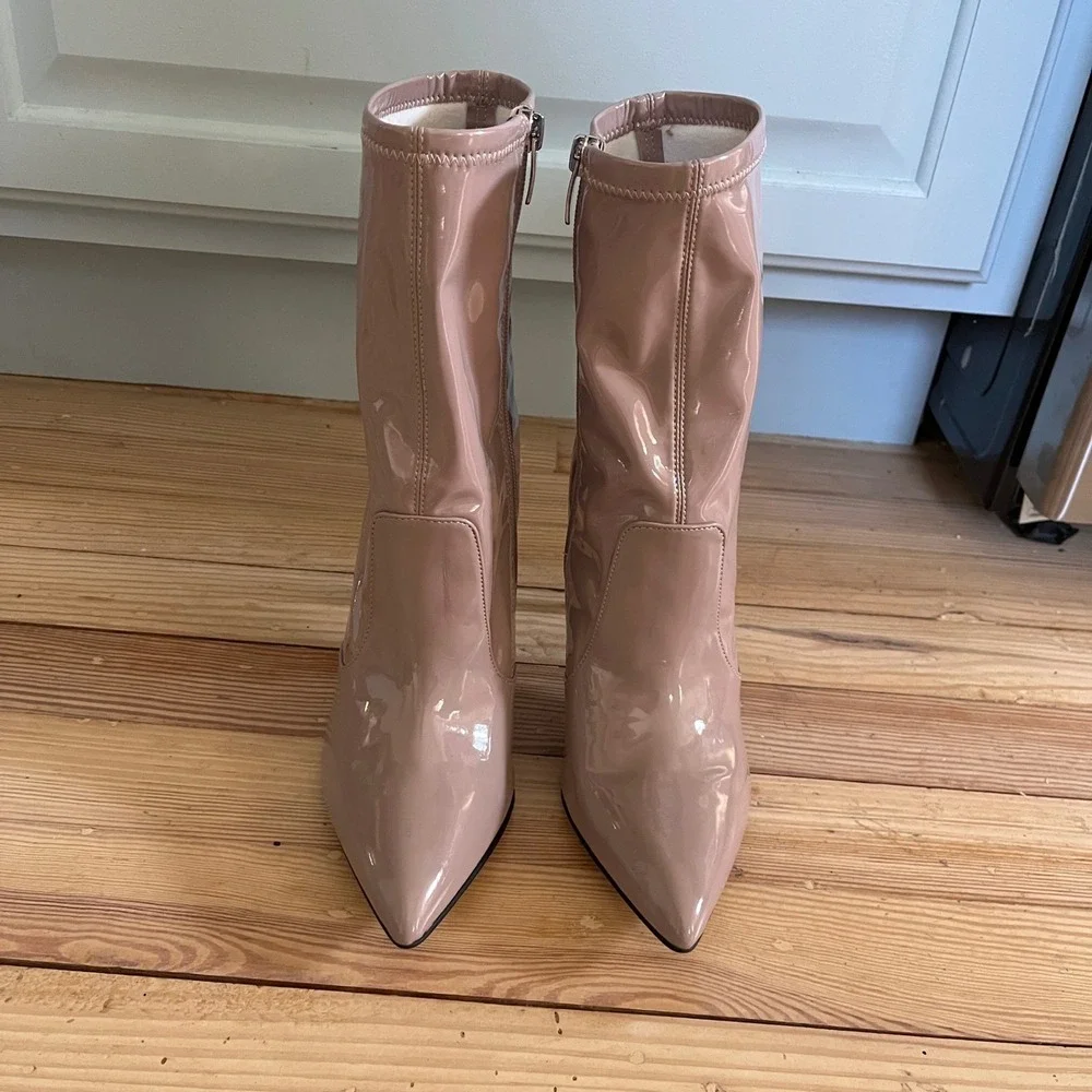 Nine West‎ Pointed Toe Stiletto Heel Ankle Boots Taupe Patent Leather Dressy